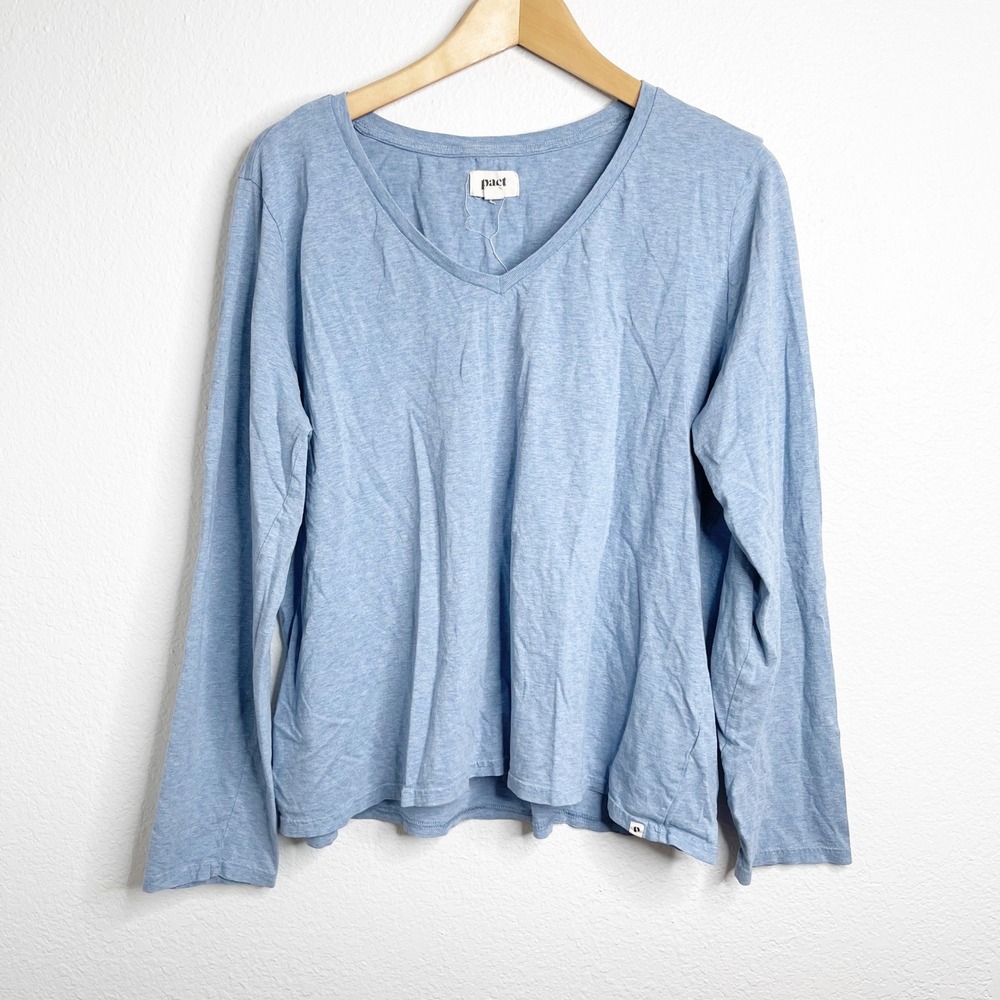 Pact Womens XXL Blue Organic‎ Cotton Long Sleeve V-Neck Heathered T-Shirt Tee
